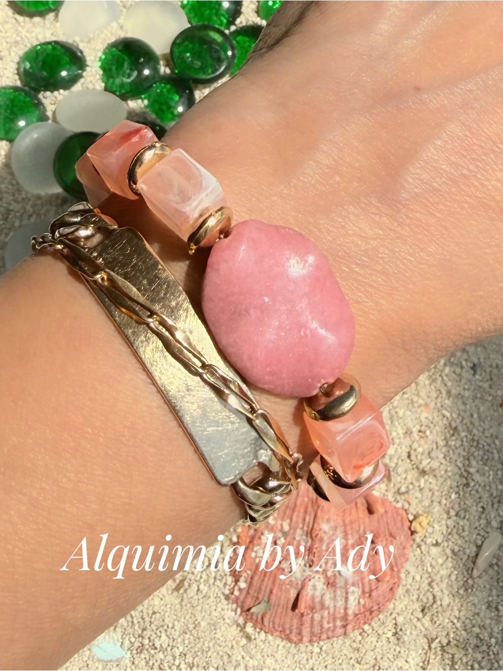 CUBES Beaded Bracelet with BIG RHODONITE FOCAL